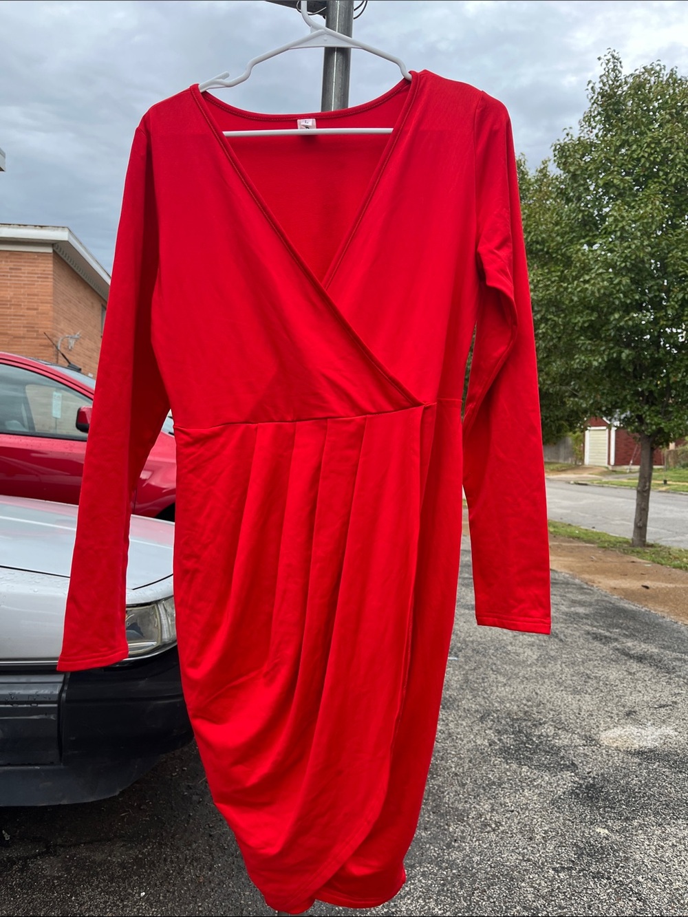 Elegant Red Long-Sleeve Wrap-Style Dress